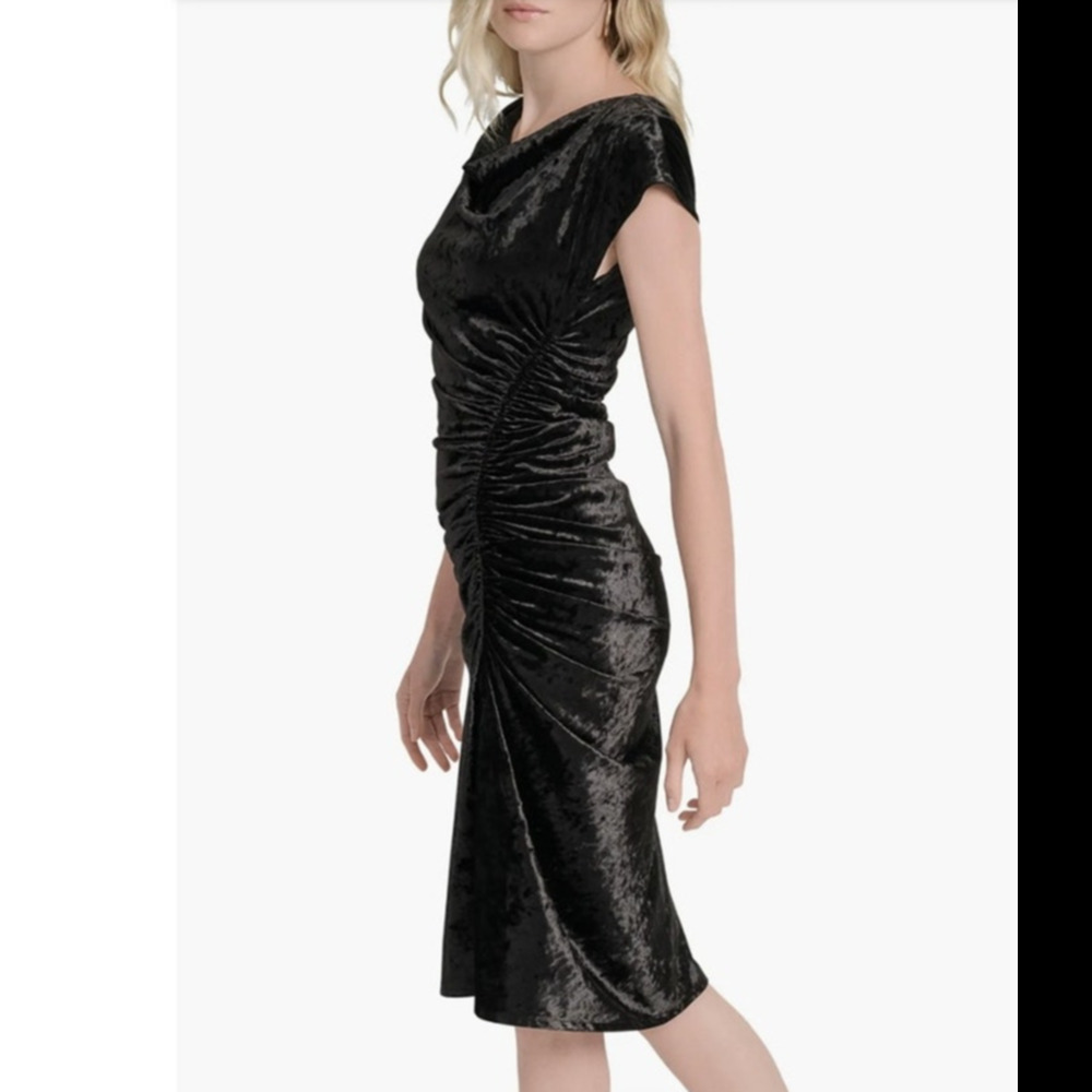 DKNY Black Velvet Midi Event Dress 12 Ruched Drape Neck Chic Glam Lux Party NWT